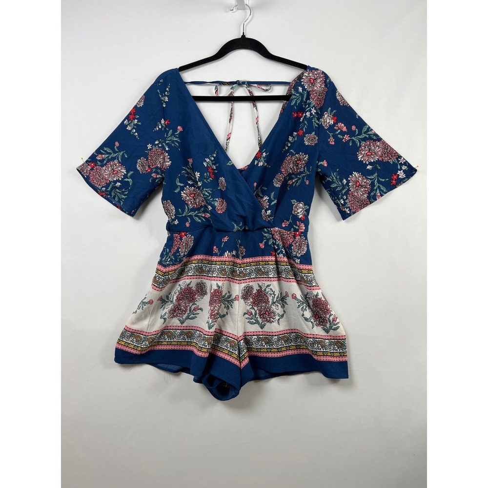 Trixxi Floral Romper Womens Small Blue Paisley Short Sleeve V-Neck Boho Tie Back